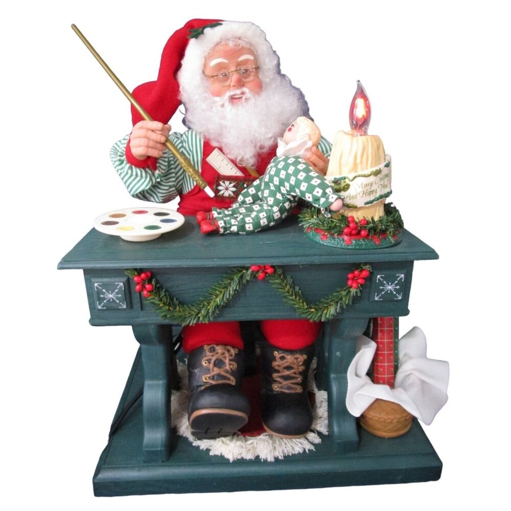 Vintage Animated Santa Painting Doll Light Up Candle Music Box Works GUC